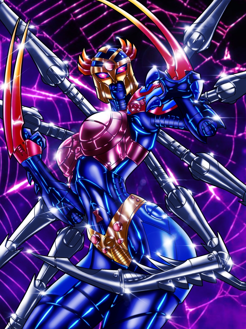 1girl absurdres arthropod_limbs beast_wars blackarachnia breasts claws colored_skin curvy glowing glowing_eyes helmet highres humanoid_robot large_breasts panties predacon purple_skin red_eyes robot robot_girl scarlethex shiny_skin silk spider_web transformers underwear yellow_panties