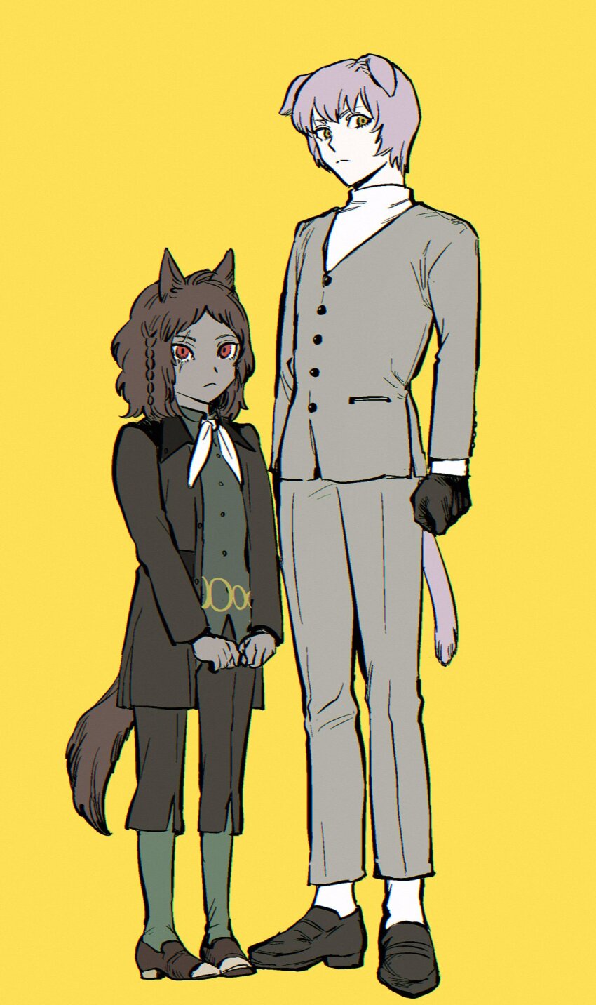 2boys :/ alternate_height animal_ears basilio_(metaphor:_refantazio) black_footwear black_gloves black_jacket brothers brown_hair buttons closed_mouth commentary_request dark-skinned_male dark_skin fidelio_(metaphor:_refantazio) folded_ear formal_clothes gloves green_shirt green_socks grey_pants highres jacket layered_sleeves male_focus medium_hair metaphor:_refantazio multiple_boys neckerchief pants pinkpinkonse red_eyes scar scar_across_eye scar_on_face shirt short_hair siblings simple_background socks suit tail turtleneck white_neckerchief white_socks yellow_background yellow_eyes