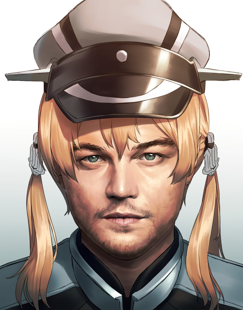 10s 1boy anchor_hair_ornament beard blew_andwhite blonde_hair closed_mouth cosplay expressionless facial_hair gradient_background graf_zeppelin_(kancolle)_(cosplay) green_eyes grey_background grey_hat hair_ornament hat highres kantai_collection leonardo_dicaprio lips looking_at_viewer male_focus military military_uniform peaked_cap prinz_eugen_(kancolle) prinz_eugen_(kancolle)_(cosplay) real_life short_hair simple_background twintails upper_body