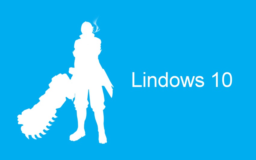 10s 1boy amamiya_rindou aqua_theme blue_background blue_theme brand_name_imitation chainsaw full_body god_eater god_eater_burst highres lindow lindows male_focus microsoft microsoft_windows monochrome non-web_source parody pun silhouette simple_background smoke smoking standing title_parody windows_10