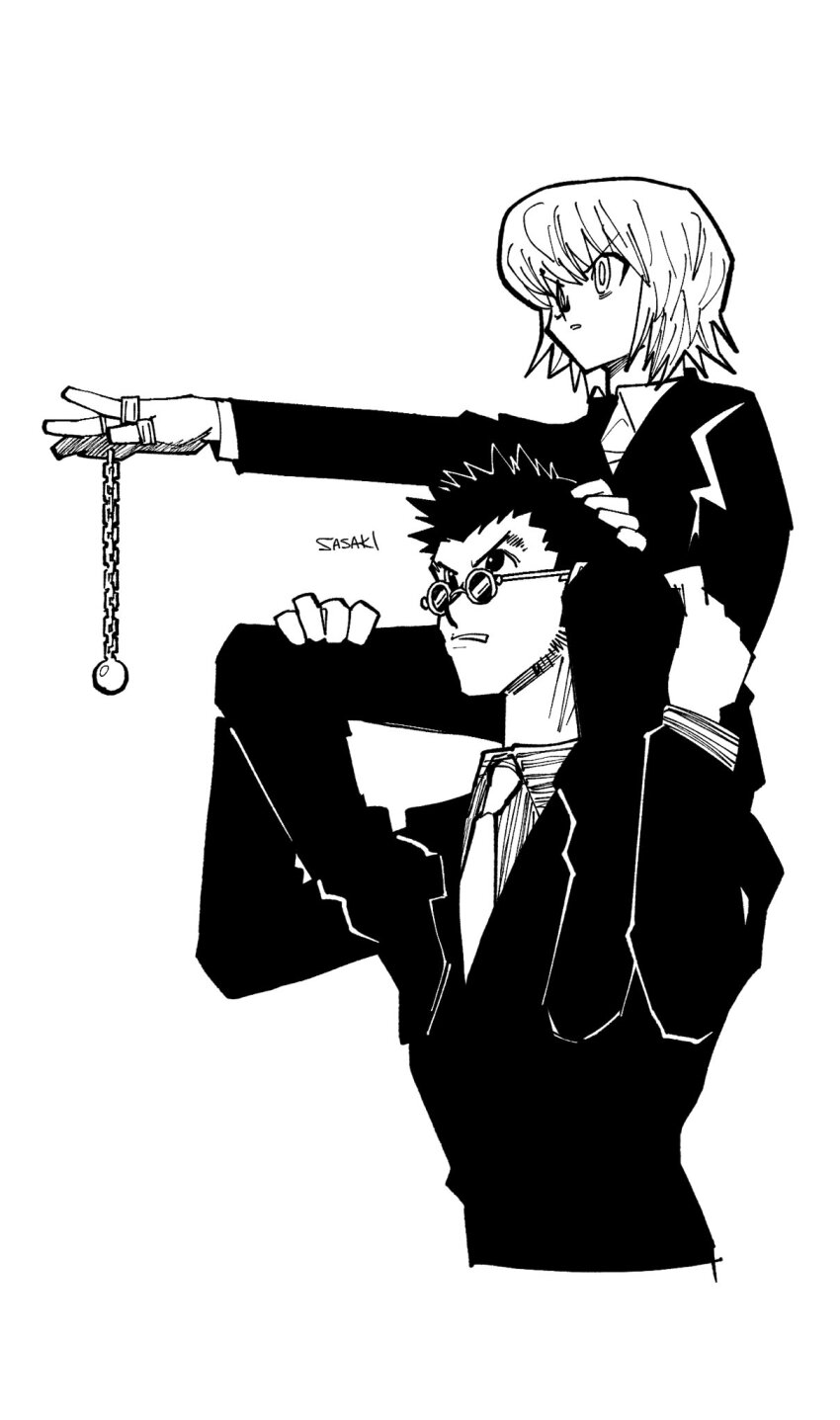 2boys black_suit chain collared_shirt formal_clothes full_body greyscale highres hunter_x_hunter jewelry kurapika leorio_paladiknight long_sleeves looking_to_the_side male_focus monochrome multiple_boys necktie ring round_eyewear sasaki_koguma shirt short_hair simple_background sitting_on_shoulder spiked_hair standing striped_clothes striped_shirt suit upper_body white_background