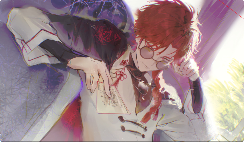 1boy black_jacket black_shirt braid chinese_clothes chinese_commentary closed_mouth couch curtains hand_on_own_head highres holding holding_paper jacket jacket_on_shoulders jewelry long_hair long_sleeves looking_at_viewer male_focus necklace on_couch paper red_eyes red_hair round_eyewear shiguang_dailiren shirt short_hair single_braid sitting sleeves_past_wrists smile solo sunglasses tassel upper_body white_shirt window xiao_weiying yinan385