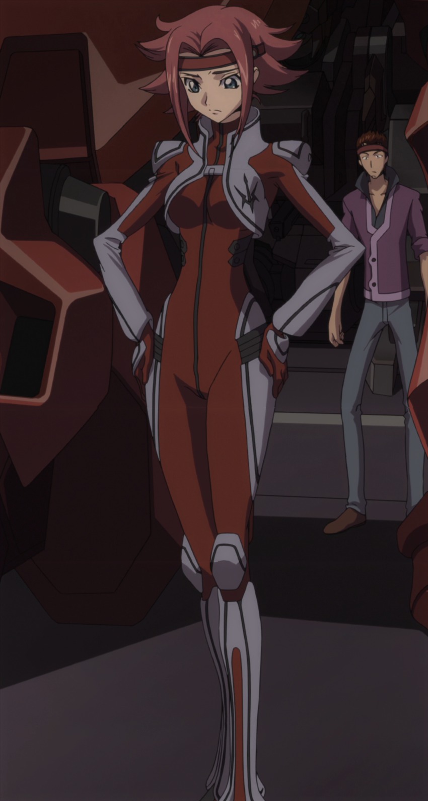 absurdres anime_screenshot blue_eyes bodysuit breasts code_geass guren_(code_geass) guren_mk-ii hands_on_own_hips highres hip_focus kouzuki_kallen red_hair shinichiro_tamaki stitched third-party_edit