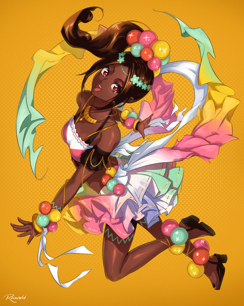 1girl artist_name bare_arms bare_legs bare_shoulders brown_eyes brown_hair commentary dark-skinned_female dark_skin english_commentary fire_emblem fire_emblem_engage flower frilled_skirt frills full_body gold_trim hair_flower hair_ornament highres jewelry long_hair necklace nintendo ponytail ranveld shoes signature simple_background skirt sleeveless smile solo strap strappy_heels timerra_(fire_emblem) very_dark_skin yellow_background