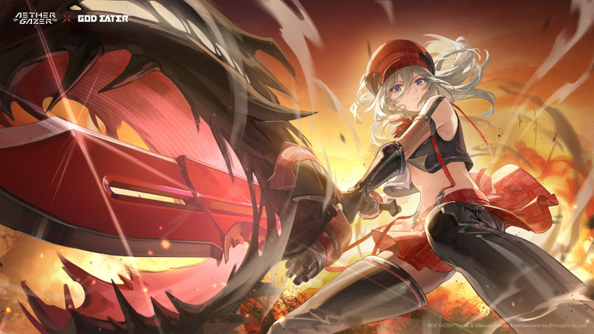 1girl absurdres aether_gazer alisa_ilinichina_amiella arm_warmers bare_shoulders black_arm_warmers black_boots black_gloves black_pantyhose black_vest blue_eyes boots bracer breasts closed_mouth cropped_vest elbow_gloves explosion fingerless_gloves floating_hair glint gloves god_eater god_eater_burst grey_hair hair_between_eyes hat highres holding holding_sword holding_weapon huge_weapon large_breasts logo long_hair looking_at_viewer navel neck_ribbon newsboy_cap official_art official_wallpaper pantyhose plaid_clothes plaid_skirt pleated_skirt red_hat red_ribbon red_skirt ribbon sidelocks single_arm_warmer single_elbow_glove skirt solo standing stomach suspender_skirt suspenders suspenders_slip sword thigh_boots underboob vest weapon