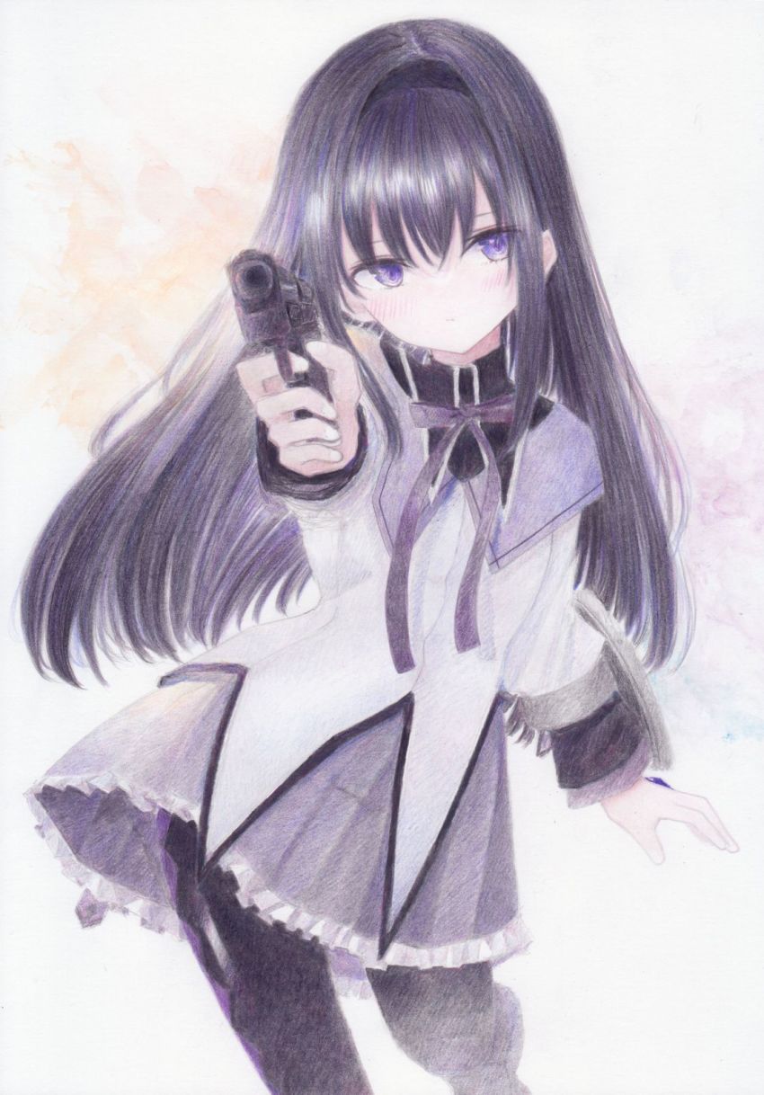 1girl aiming aiming_at_viewer akemi_homura akemi_homura_(magical_girl) argyle_clothes argyle_pantyhose black_hair black_hairband black_pantyhose blush closed_mouth colored_pencil_(medium) cowboy_shot darkkanan facing_viewer floral_background frilled_skirt frills gun hairband handgun high_collar highres holding holding_weapon long_hair long_sleeves mahou_shoujo_madoka_magica mahou_shoujo_madoka_magica_(anime) neck_ribbon painting_(medium) pantyhose pistol purple_eyes purple_ribbon purple_skirt ribbon shirt skirt solo traditional_media watercolor_(medium) weapon white_shirt