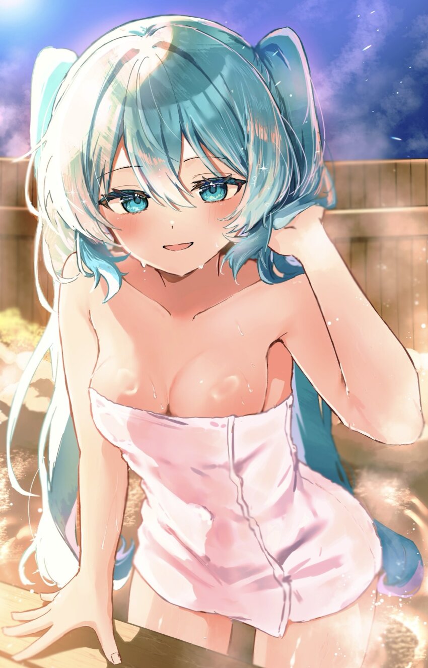 1girl arm_support armpit_crease bamboo_fence bare_arms bare_shoulders bath bathing blush breasts collarbone commentary_request double-parted_bangs fence hair_between_eyes hand_in_own_hair hand_up hatsune_miku highres long_hair looking_at_viewer medium_breasts naked_towel natukisigure night onsen open_mouth outdoors partially_submerged rock sidelocks solo steam sweat towel twintails very_long_hair vocaloid water wet wet_towel wooden_fence