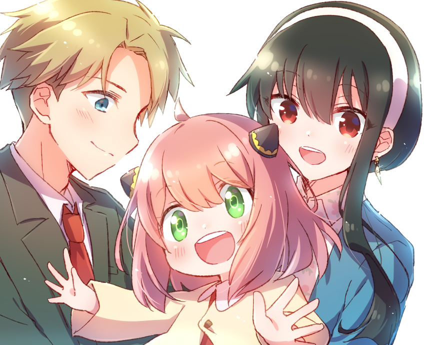1boy 2girls absurdres anya_(spy_x_family) black_hair blonde_hair blue_eyes blue_jacket blush child closed_mouth coat collared_shirt commentary_request earrings family green_eyes green_jacket hairband hairpods highres jacket jewelry long_sleeves multiple_girls necktie nyaa_(nnekoron) open_mouth pink_hair red_eyes red_necktie shirt sidelocks smile spy_x_family suit_jacket teeth twilight_(spy_x_family) upper_body upper_teeth_only white_background white_hairband white_shirt yellow_coat yor_briar