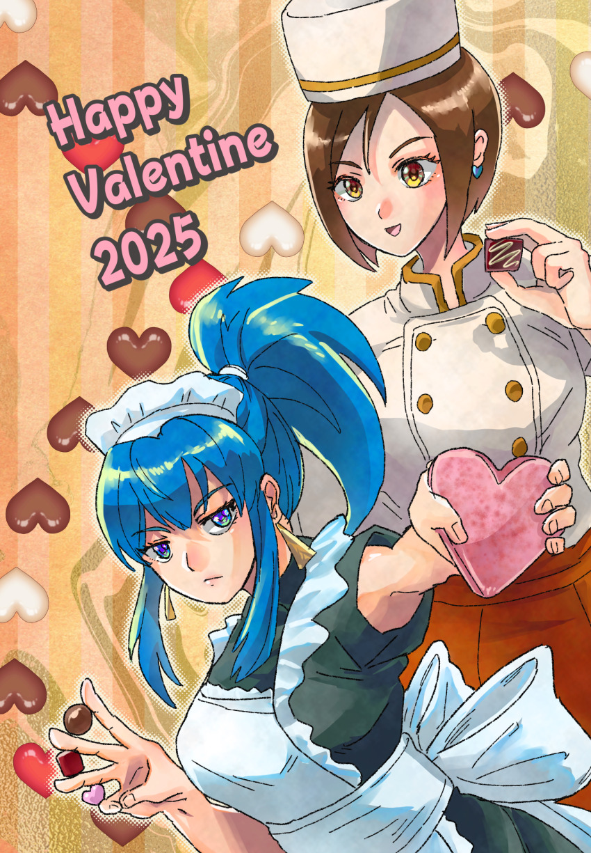 2025 2girls apron bardothodol between_fingers blue_eyes blue_hair box brown_eyes brown_hair candy chef_hat chocolate chocolate_heart closed_mouth commentary earrings food happy_valentine hat heart heart-shaped_box heart-shaped_food highres holding holding_box holding_chocolate holding_food jewelry leona_heidern maid maid_apron maid_headdress multiple_girls open_mouth outstretched_arm ponytail red_skirt serious shirt short_hair sidelocks skirt smile the_king_of_fighters valentine whip_(kof) white_apron white_hat white_shirt