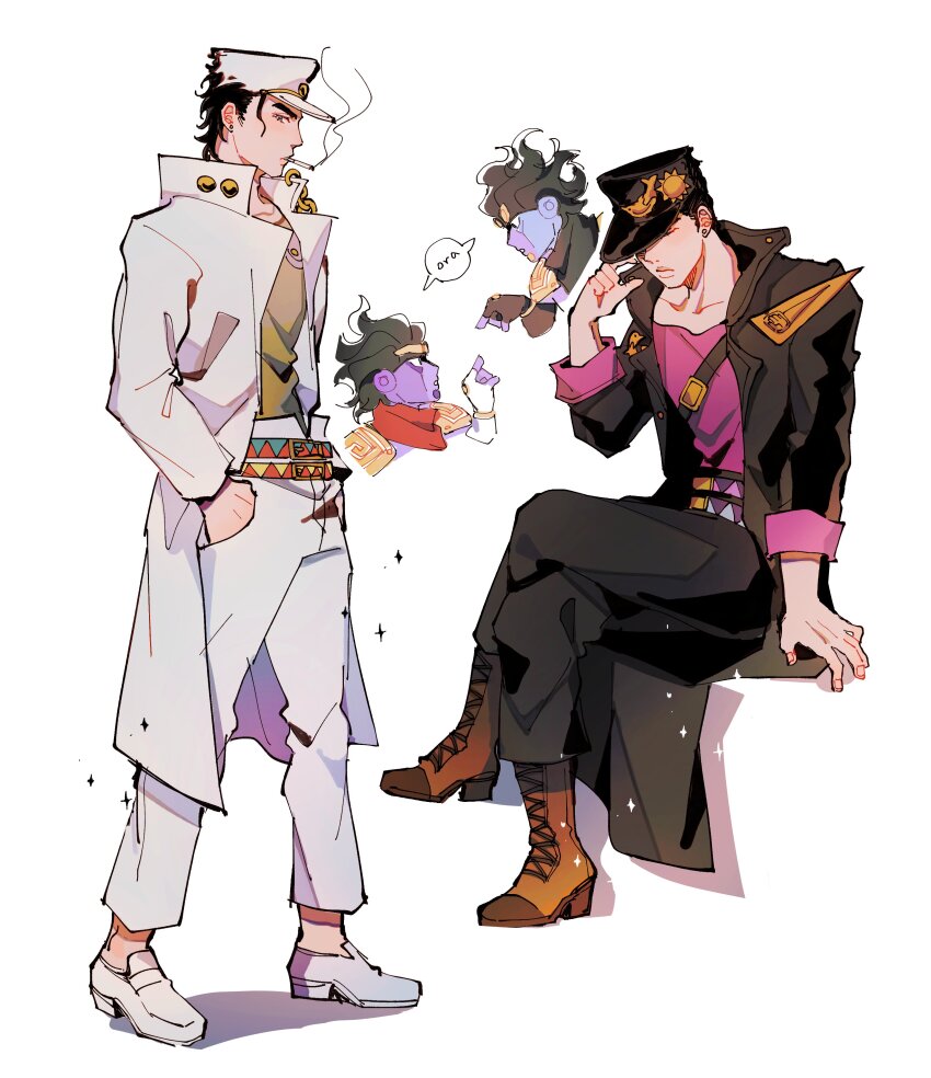 1boy 1other absurdres belt black_coat black_hat black_jacket black_pants boots brown_footwear cigarette coat commentary crossed_legs hands_in_pockets hat highres jacket jojo_no_kimyou_na_bouken kuujou_joutarou pants seirorath short_hair simple_background smoke stand_(jojo) standing star_platinum symbol-only_commentary white_background white_coat white_hat white_jacket white_pants