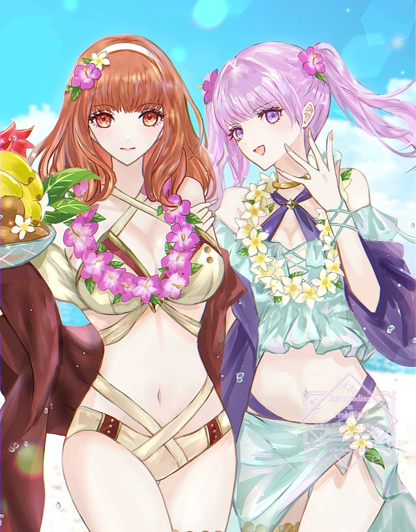 2girls aqua_bikini beach bikini breasts brown_bikini bubble celica_(fire_emblem) celica_(summer)_(fire_emblem) cleavage criss-cross_halter fire_emblem fire_emblem:_the_blazing_blade fire_emblem_echoes:_shadows_of_valentia fire_emblem_heroes flower flower_hairband flower_necklace hairband halterneck helen_(helen2210hk) highres jewelry lei long_hair medium_breasts multiple_girls navel necklace nintendo official_alternate_costume pink_hair purple_bikini purple_eyes purple_sash red_eyes red_hair red_sash sash serra_(fire_emblem) serra_(summer)_(fire_emblem) stomach swimsuit swimsuit_skirt thighs twintails water
