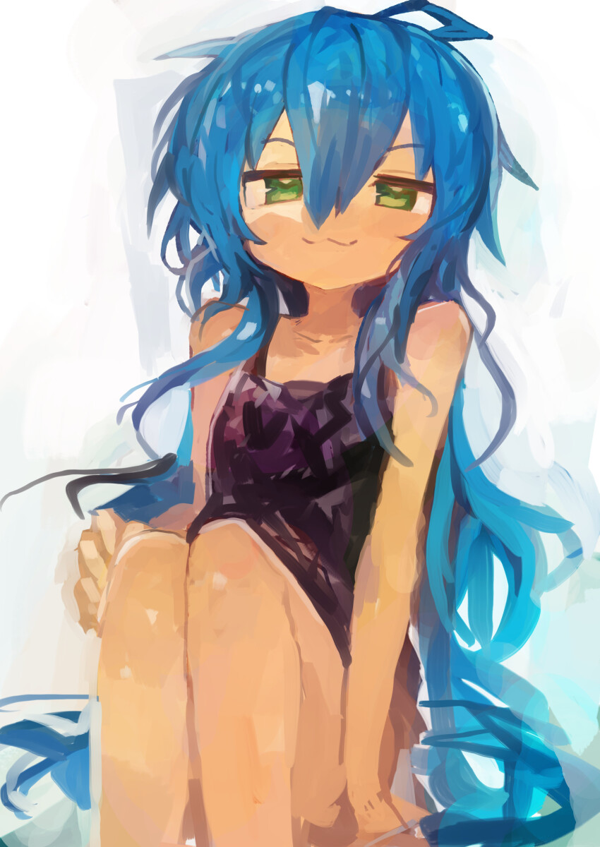 1girl :3 absurdres ahoge bare_shoulders black_tank_top blue_hair closed_mouth commentary green_eyes hair_between_eyes half-closed_eyes highres izumi_konata kaamin_(mariarose753) long_hair looking_at_viewer lucky_star no_mole simple_background sitting sleeveless solo tank_top very_long_hair
