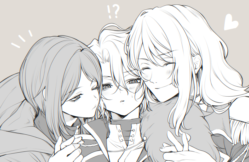!? 1boy 2girls bari_(project_moon) blush closed_eyes closed_mouth don_quixote_(project_moon) greyscale heart highres jacket limbus_company long_hair maki_maki_(makimakipoipoi) monochrome multiple_girls notice_lines parted_bangs portrait project_moon sancho_(project_moon) short_hair sidelocks simple_background smile wavy_hair