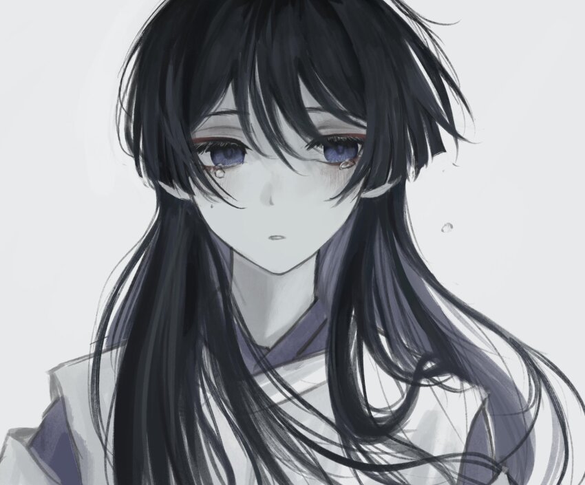 1boy alternate_hair_length alternate_hairstyle black_hair blunt_ends clothing_cutout empty_eyes genshin_impact highres japanese_clothes kariginu kimono layered_sleeves light_blush long_hair looking_to_the_side male_focus pale_skin parted_lips portrait purple_eyes purple_kimono purple_sleeves scaramouche_(genshin_impact) scaramouche_(kabukimono)_(genshin_impact) shoulder_cutout solo tearing_up white_background white_mouth white_sleeves wispy_bangs yoruli_e