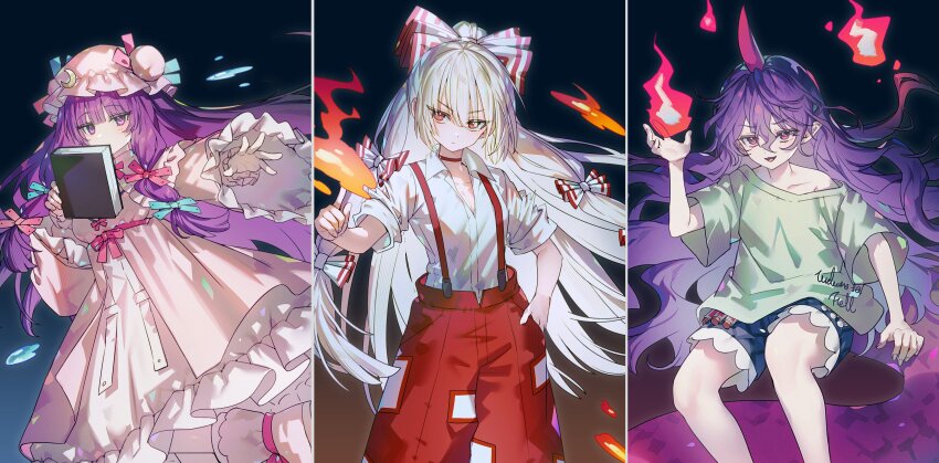 3girls absurdres blue_shorts blunt_bangs book boots bow breasts cleavage closed_mouth clothes_writing collarbone collared_shirt commentary_request denim denim_shorts dress fire floating_hair fujiwara_no_mokou green_shirt hair_between_eyes hair_bow hand_in_pocket hat here_(hr_rz_ggg) highres holding holding_book horns korean_commentary long_hair long_sleeves looking_at_viewer mob_cap multiple_girls outstretched_arm pants patchouli_knowledge pink_boots pink_dress pink_hat pointy_ears purple_eyes purple_hair pyrokinesis red_eyes red_pants shirt short_sleeves shorts single_horn sleeves_rolled_up socks suspenders tail tenkajin_chiyari test_tube touhou very_long_hair wavy_hair white_bow white_hair white_socks
