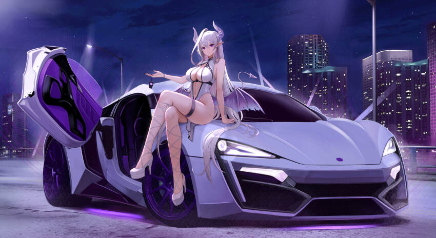 1girl absurdres arm_support bare_shoulders black_nails blue_gemstone blue_hair blue_horns blue_leotard blue_shoes blue_tail bracelet breasts building car character_request city city_lights cityscape cleavage cleavage_cutout clothing_cutout collarbone commission copyright_request curled_horns demon_girl demon_horns demon_tail demon_wings earrings fingernails gem headlight_beam high_heels highres holding holding_key horns jewelry kcar66t key lace-up_heels lamppost large_breasts leotard long_fingernails long_hair long_horns looking_at_viewer midriff motor_vehicle neon_lights night night_sky on_car pointy_ears purple_eyes purple_wings race_queen railing road shoes sitting skindentation sky solo sports_car spotlight star_(sky) stomach_tattoo strapless strapless_leotard street tail tattoo thigh_strap vehicle_focus very_long_hair virtual_youtuber w_motors w_motors_lykan_hypersport white_hair wings