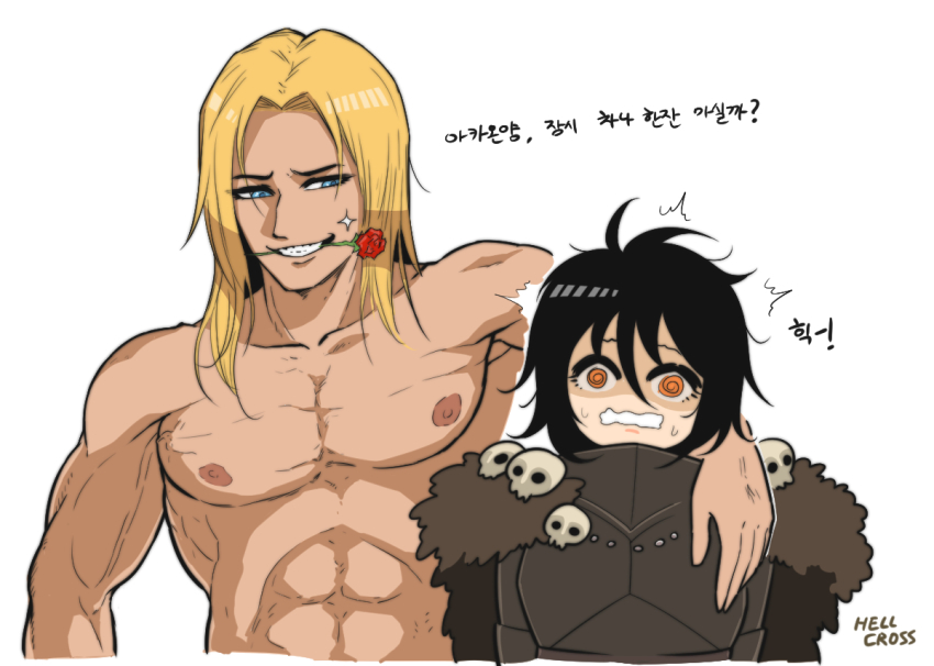 1boy 1girl @_@ abs archaon_the_everchosen arm_on_another&#039;s_shoulder armor artist_name black_hair blonde_hair blue_eyes cape chaos_(warhammer) flower flower_in_mouth fur_cape genderswap genderswap_(mtf) grin hellcross_(dkrejd2000) korean_text looking_at_another mouth_hold muscular no_headwear no_headwear orange_eyes pectorals rose short_hair sigvald_the_magnificent simple_background skull smile sweat topless_male translation_request valten warhammer_fantasy white_background
