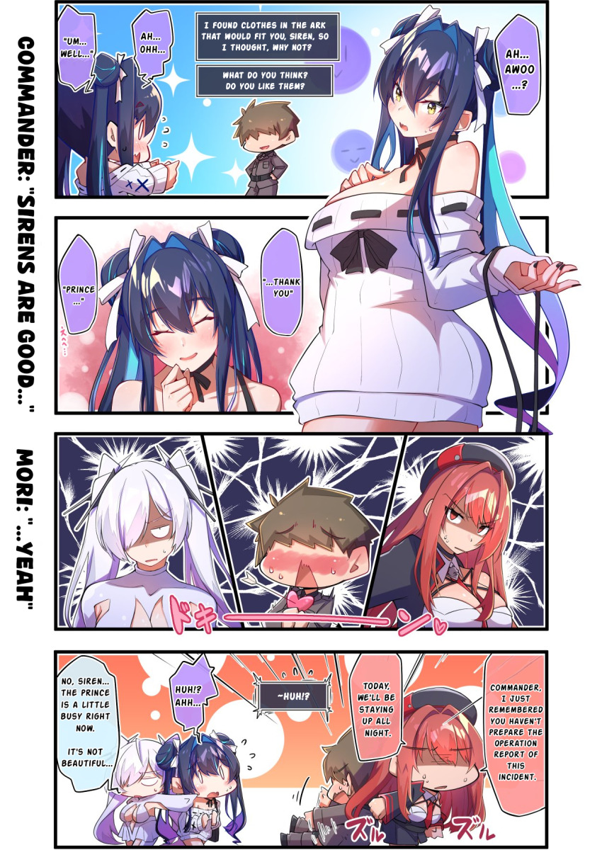 1boy 3girls angry bare_shoulders black_hair black_hat black_nails blue_hair blush breasts brown_hair chibi choker cinderella_(nikke) cleavage closed_eyes comic constricted_pupils cowboy_shot dress from_behind goddess_of_victory:_nikke happy hat jealous little_mermaid_(beautiful_bubble)_(nikke) little_mermaid_(nikke) long_hair long_sleeves military_uniform multicolored_hair multiple_girls official_alternate_costume osora_(judithandlilith) rapi_(nikke) rapi_(red_hood)_(nikke) red_eyes red_hair smile standing sweater sweater_dress translated twintails two-tone_hair white_hair yellow_eyes