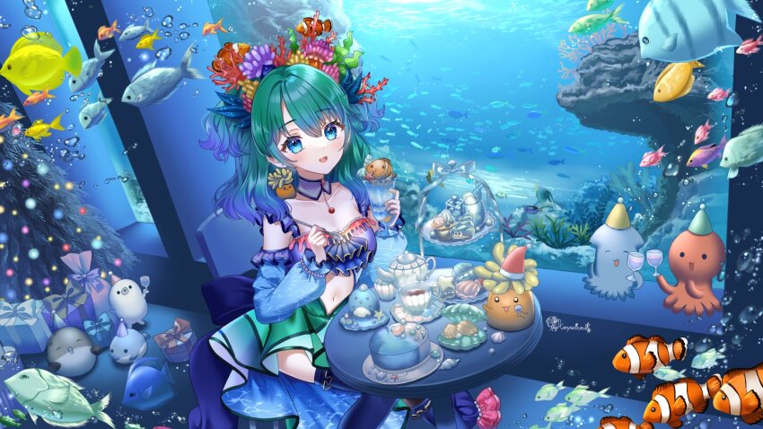 1girl artist_name bare_shoulders bird blue_dress blue_eyes blue_hair blue_sleeves blue_thighhighs blush breasts bubble cake christmas_tree cleavage clothing_cutout clownfish collarbone commission conch coral coral_hair_ornament coral_reef cup detached_sleeves dress drinking_glass fish food frilled_sleeves frills gem gift gradient_clothes gradient_dress gradient_hair green_dress green_hair green_nails hat highres holding holding_cup holding_spoon indie_virtual_youtuber indoors kelp kompeitou_(lemon_garden) kumanomi_(vtuber) looking_at_viewer medium_breasts medium_hair multicolored_hair navel navel_cutout octopus open_mouth oyster party_hat pearl_(gemstone) penguin scallop school_of_fish sea_anemone seal_(animal) seaweed sidelocks sitting skeb_commission solo spoon squid starfish table teacup teapot thighhighs tiered_tray tree tropical_fish underwater virtual_youtuber window
