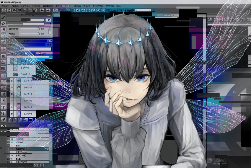 1boy arthropod_boy black_hair blue_eyes crown diamond_hairband dragonfly_wings fate/grand_order fate_(series) finger_in_own_mouth fourth_wall frill_inferno glitch hand_on_own_chin head_rest highres looking_at_viewer male_focus medium_hair oberon_(fate) oberon_(third_ascension)_(fate) shirt solo through_medium through_screen white_shirt wings