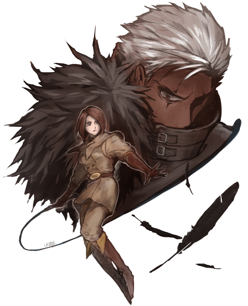 1boy 1girl absurdres boots brown_eyes brown_hair choker covered_mouth dark_skin feathers food_fighter_441 full_body gloves highres jacket jewelry krizalid military military_uniform short_hair snk the_king_of_fighters whip whip_(kof) white_hair