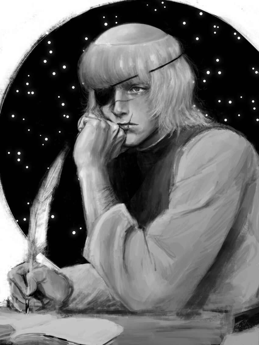 1boy absurdres badeni chi.:_chikyuu_no_undou_ni_tsuite elbow_rest eyepatch greyscale hand_on_own_chin highres holding holding_quill k05062688 long_sleeves male_focus medium_hair monochrome quill scapular scar scar_on_face scar_on_lip scar_on_mouth scar_on_nose solo table tonsure
