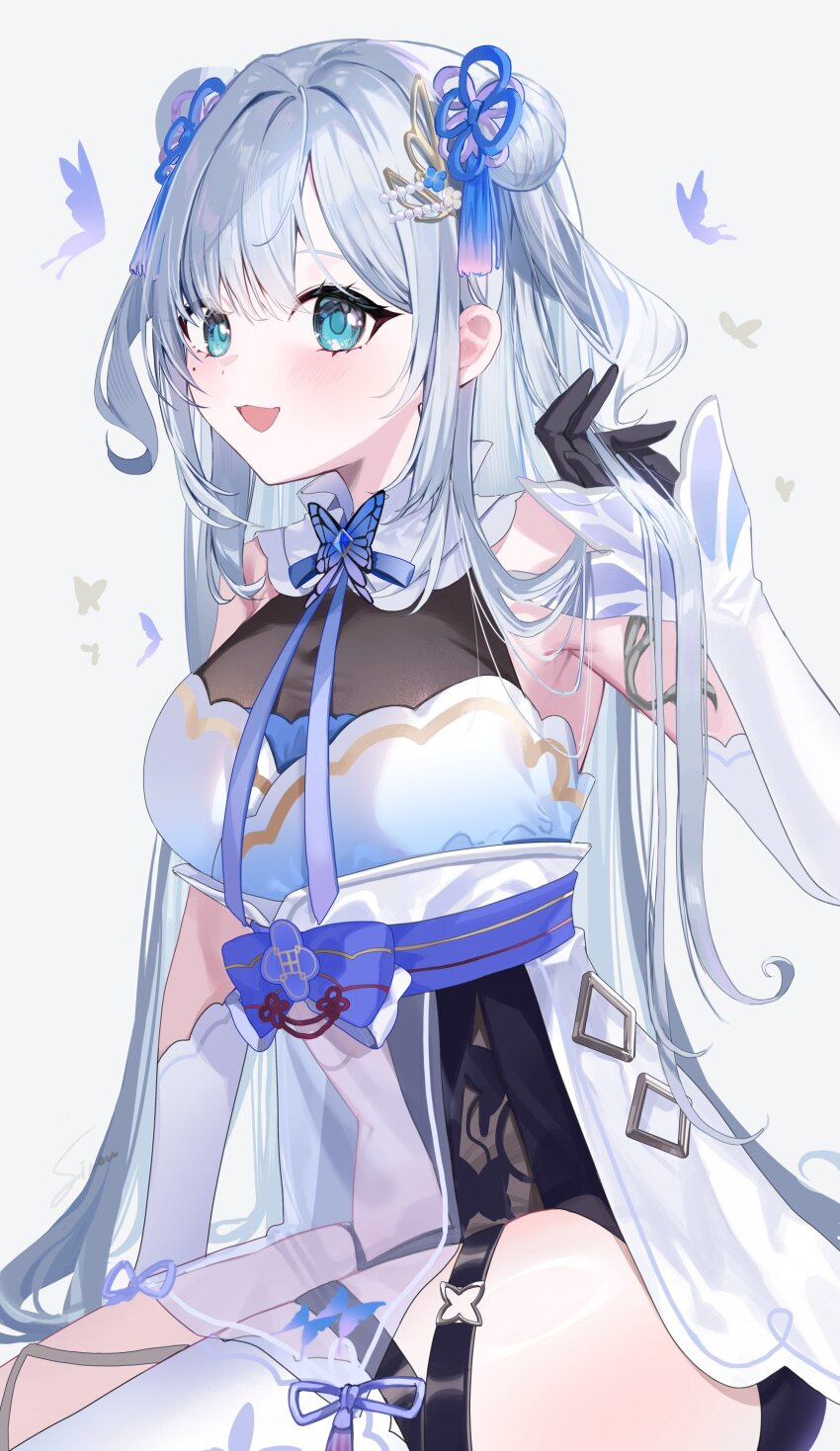 1girl absurdres aqua_eyes armpits black_gloves butterfly_ornament detached_sleeves double_bun dress flower_knot gloves hair_bun hair_ornament hand_in_own_hair highres kaga_sumire kaga_sumire_(7th_costume) kaga_sumire_(8th_costume) long_hair lupinus_virtual_games midriff_peek neck_ribbon open_mouth parted_bangs ribbon see-through_clothes sidelocks simple_background single_thighhigh sirom sitting sleeveless sleeveless_dress solo thigh_strap thighhighs two_side_up virtual_youtuber vspo! white_background white_dress white_hair white_thighhighs wide_sleeves
