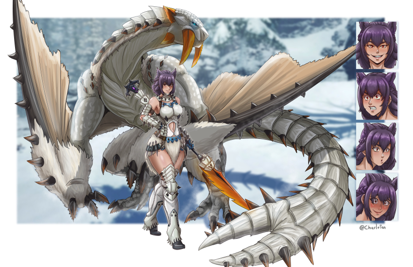 1girl absurdres armor barioth barioth_(armor) blush charleian claws dragon fangs gloves hairband highres holding holding_weapon insect_glaive monster monster_hunter:_world monster_hunter_(series) multiple_expressions navel open_mouth pelvic_curtain polearm purple_hair red_eyes smile snow tail thighhighs tusks weapon wings wyvern