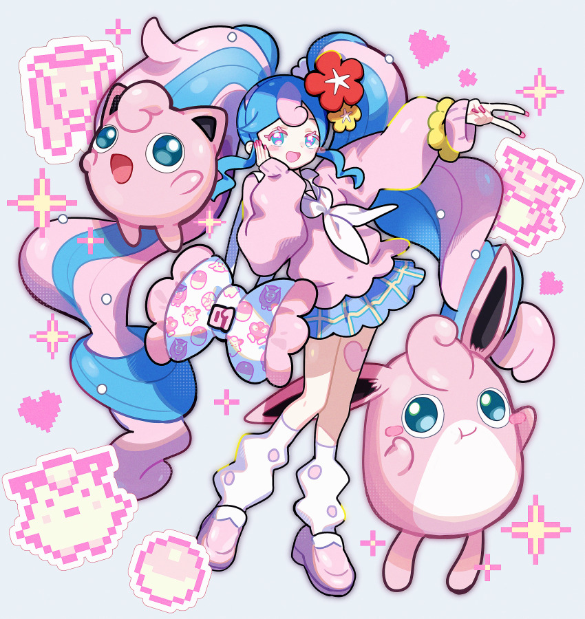1girl absurdres aqua_eyes blue_hair blue_skirt blush blush_stickers bull_sprite_(pokemon) cardigan clefairy_sprite_(pokemon) collared_shirt commentary fairy_miku_(project_voltage) fingernails flower fossil_sprite_(pokemon) fuinagi_(huyuu_mm) full_body gen_1_pokemon glint hair_flower hair_ornament hand_on_own_face hatsune_miku heart heart_sticker high_heels highres jigglypuff knees legs long_fingernails long_hair long_sleeves multicolored_hair nail_polish neckerchief nintendo open_mouth pillow pink_cardigan pink_eyes pink_hair pink_nails pink_shoes pixel_art plaid_clothes plaid_skirt poke_ball_print pokemon project_voltage pumps rhydon shirt shoes skirt sleeves_past_wrists smile socks thighs twintails two-tone_hair v very_long_hair vocaloid white_background white_neckerchief white_shirt white_socks wigglytuff