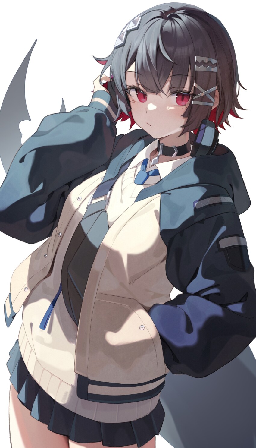 1girl absurdres black_hair choker ellen_joe fins fish_tail hair_ornament hairband hairclip hand_in_pocket highres hood hood_down lumo_1121 metal_hairband mole mole_under_eye red_eyes shark_tail skirt solo tail zenless_zone_zero