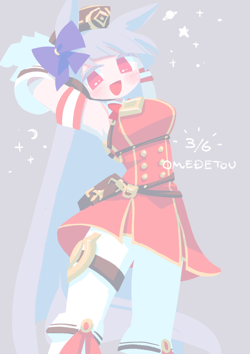 1girl absurdres animal_ears arms_behind_head arms_up blunt_bangs blush engawa_(engawagorigori) gloves gold_ship_(umamusume) grey_hair highres horse_ears horse_girl horse_tail looking_at_viewer open_mouth pantyhose pink_eyes smile solo tail umamusume white_gloves white_pantyhose