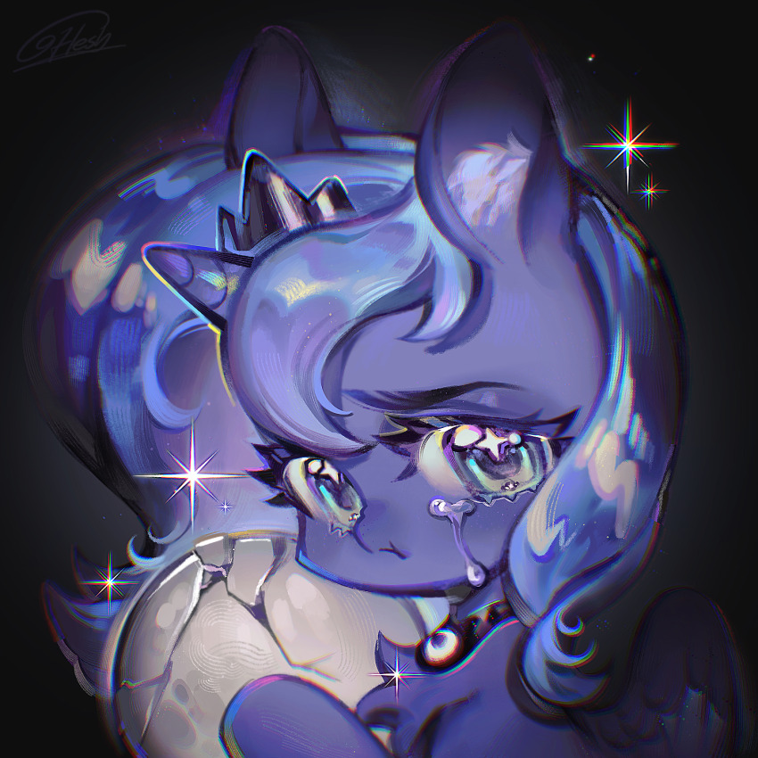 animal animal_focus animification aqua_eyes blue_hair chinese_commentary commentary_request crying feathered_wings highres holding_moon jewelry liuxuandaomonu looking_at_viewer my_little_pony my_little_pony:_friendship_is_magic name_connection necklace no_humans object_namesake pony_(animal) princess_luna princess_luna_(young) procreate_(medium) short_hair simple_background solo sparkle tiara winged_unicorn wings