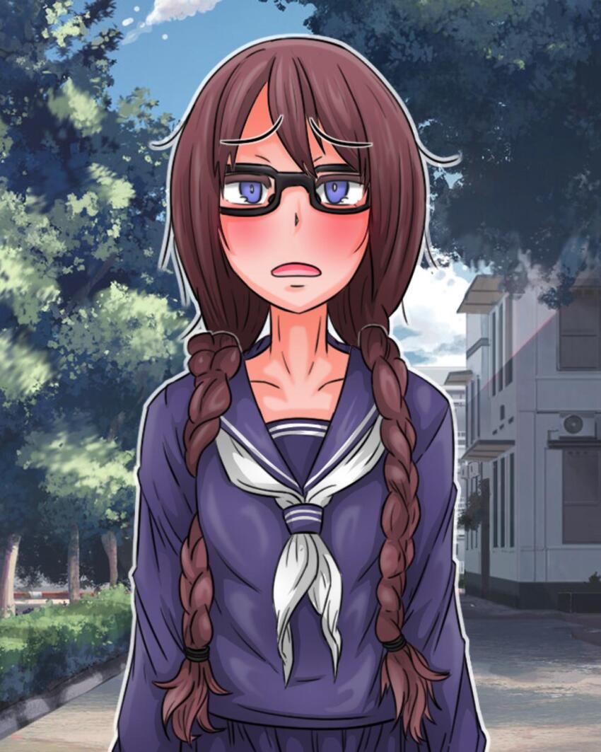1girl black-framed_eyewear black_sailor_collar black_serafuku black_shirt black_skirt blush braid breasts collarbone commentary emergence_(shindol) english_commentary glasses hair_over_shoulder highres idiot_of_the_east jimiko long_hair long_sleeves looking_at_viewer neckerchief open_mouth outdoors rectangular_eyewear sailor_collar school_uniform serafuku shirt skirt solo solo_focus tree twin_braids twintails upper_body white_neckerchief white_sailor_collar yoshida_saki