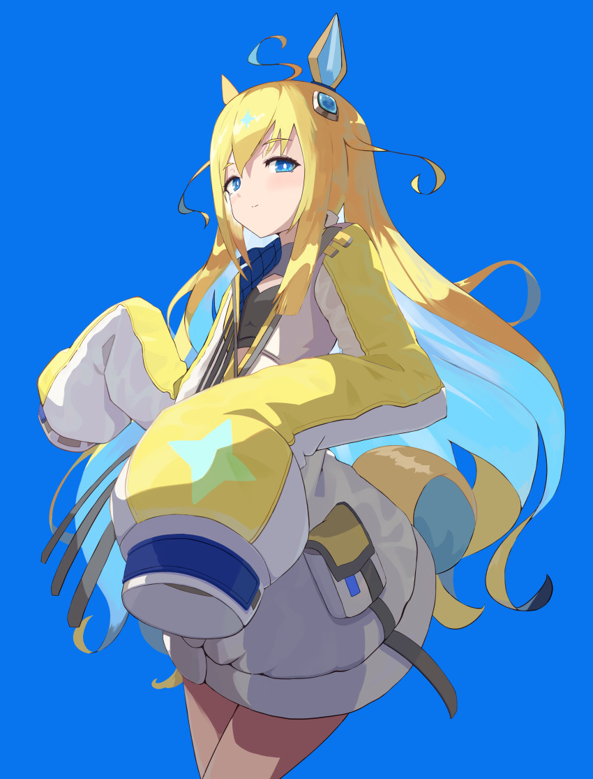 1girl absurdres ahoge animal_ears blonde_hair blue_background blue_eyes blue_hair blush breasts cleavage colored_inner_hair commentary_request cowboy_shot ear_covers ear_ornament gradient_hair hair_between_eyes highres horse_ears horse_girl horse_tail jacket long_hair long_sleeves looking_at_viewer madori_(madori151) multicolored_hair neo_universe_(umamusume) parted_lips puffy_sleeves simple_background single_ear_cover sleeves_past_fingers sleeves_past_wrists small_breasts solo streaked_hair tail umamusume very_long_sleeves white_jacket