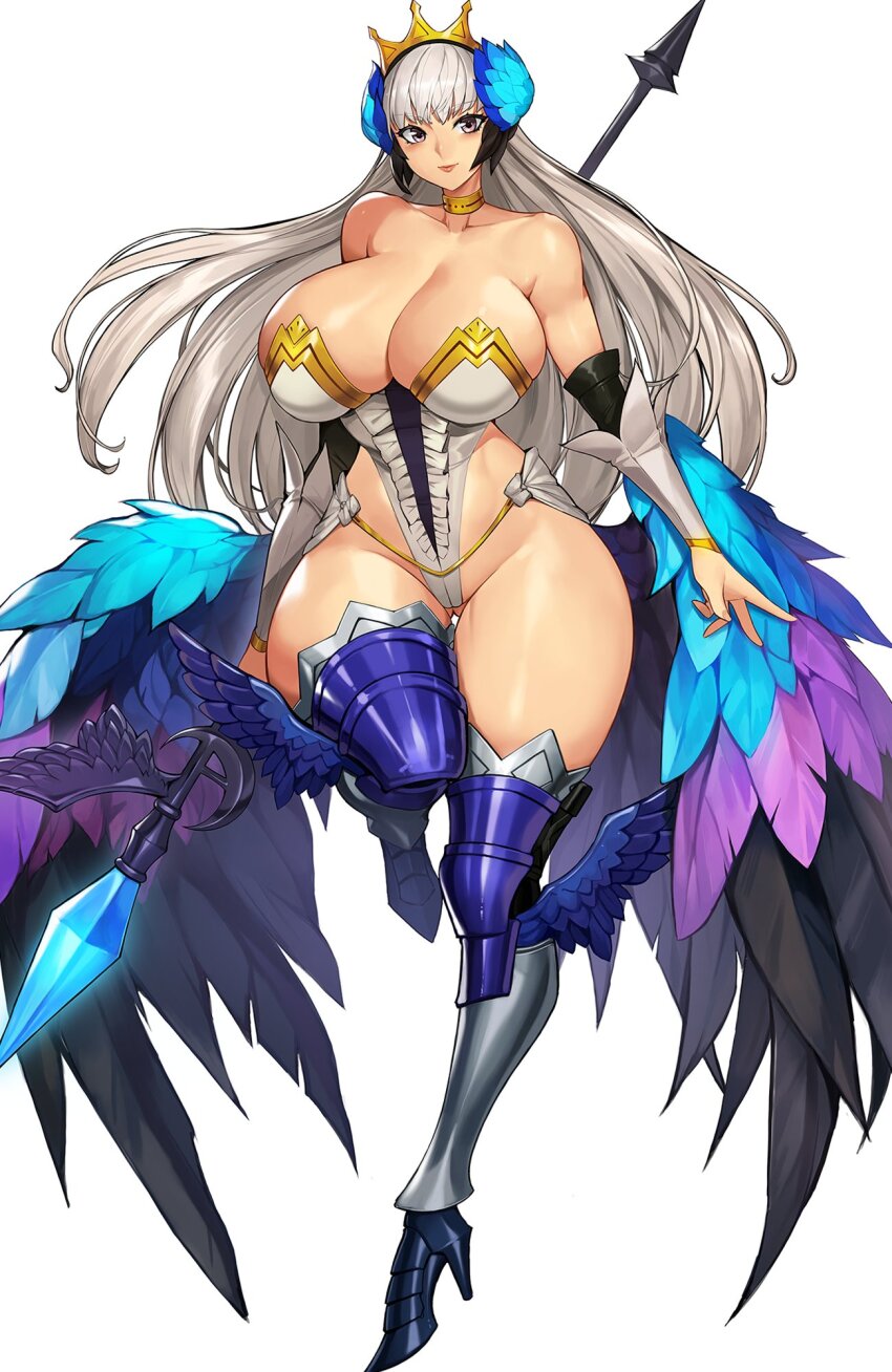 1girl alternate_breast_size armor armored_dress bare_shoulders blue_eyes breasts choker crown detached_sleeves dress grey_hair gurimjang gwendolyn_(odin_sphere) hair_ornament highres holding_behind_back holding_polearm holding_polearm_behind_back holding_weapon holding_weapon_behind_back huge_breasts large_breasts leg_wings long_hair low_wings multicolored_wings multiple_wings odin_sphere polearm purple_eyes solo spear strapless strapless_dress thighhighs valkyrie vanillaware weapon white_hair wings