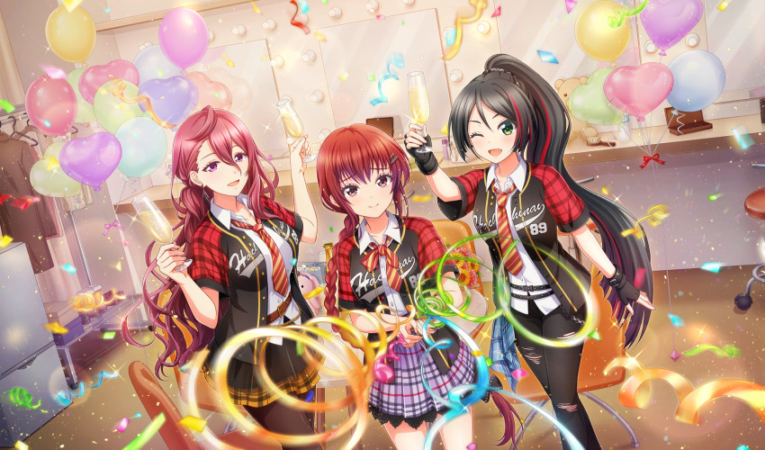 3girls :d arm_up balloon baseball_uniform belt belt_buckle black_belt black_bow black_gloves black_hair black_pants bow braid braided_ponytail brown_belt brown_pantyhose brown_skirt buckle chair cinderella_series closed_mouth collared_shirt confetti diagonal-striped_clothes diagonal-striped_necktie dutch_angle fingerless_gloves game_cg gloves green_eyes hachigatsu_no_cinderella_nine hair_between_eyes hair_bow hair_ornament hairclip heart_balloon high_ponytail highres holding holding_party_popper honjo_chikage indoors jacket kurashiki_maiko lens_flare light_particles long_hair looking_at_viewer mirror motion_blur multiple_girls necktie non-web_source official_alternate_hairstyle official_art open_clothes open_mouth open_shirt pants pantyhose party_popper plaid_clothes plaid_skirt pleated_skirt ponytail purple_eyes purple_hair red_hair refrigerator shirt shirt_under_shirt shoes short_sleeves single_braid skirt smile sportswear streamers striped_clothes stuffed_animal stuffed_toy teddy_bear torn_clothes torn_pants tsukahara_shizuku two-tone_necktie unworn_jacket unworn_shoes very_long_hair wavy_hair white_shirt