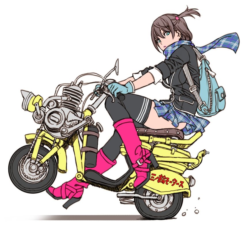 1girl aqua_eyes aqua_gloves backpack bag black_thighhighs blue_eyes blue_gloves blue_skirt boots brown_hair female_focus from_side full_body gloves hair_tie high_heel_boots high_heels highres jacket looking_at_viewer microskirt miniskirt monkey_bike motor_vehicle noped pink_boots pink_heels pink_lips plaid_clothes plaid_scarf plaid_skirt plastic_angels pleated_skirt scarf school_uniform scooter side_ponytail simple_background sitting skirt sleeves_pushed_up solo thighhighs translated white_background yamashita_shun&#039;ya zettai_ryouiki