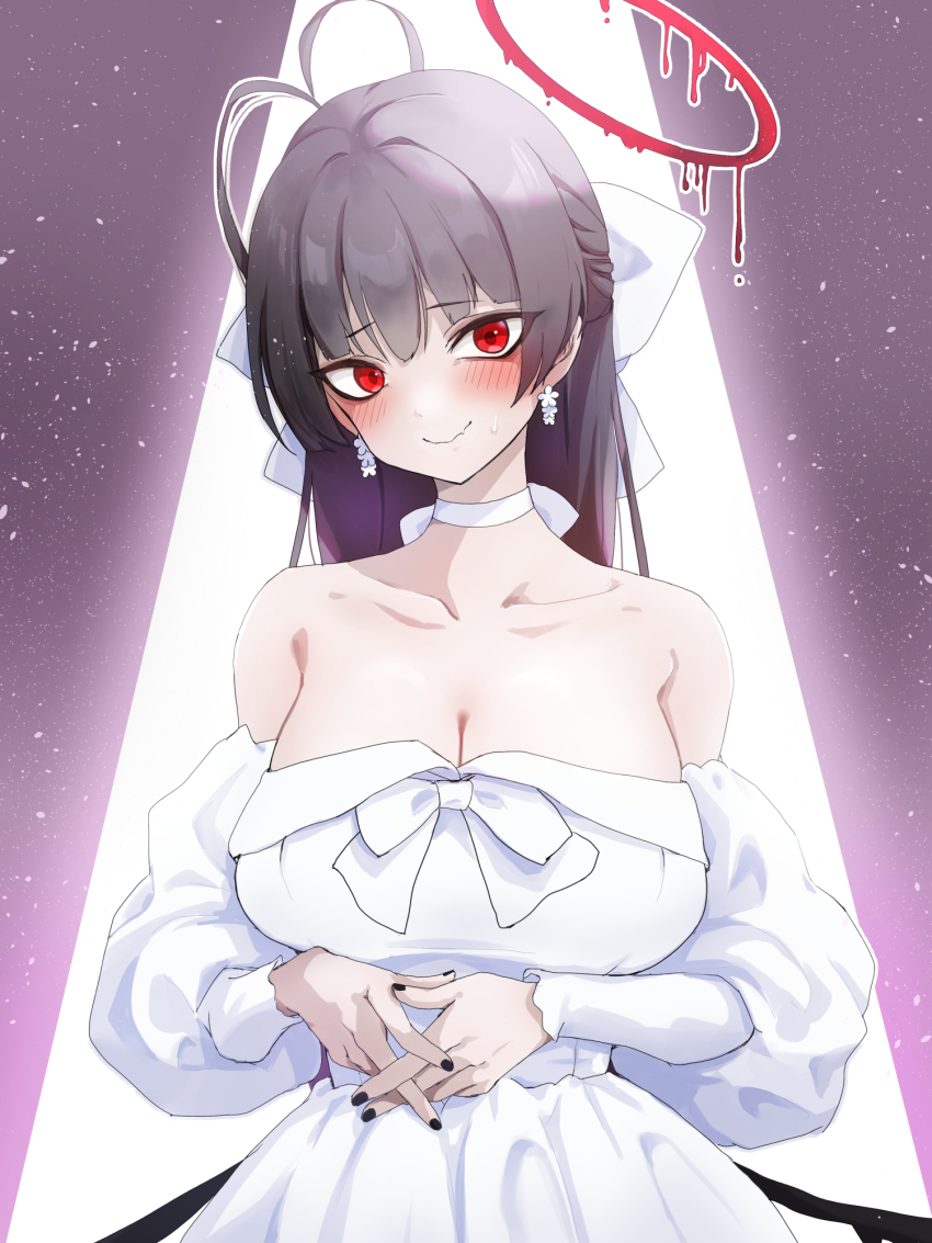 1girl antenna_hair bare_shoulders black_hair black_nails blue_archive blush bow breasts choker cleavage closed_mouth detached_sleeves dress earrings hair_bow highres jewelry komena_(shinyday312) long_hair looking_at_viewer official_alternate_costume official_alternate_hairstyle red_eyes sidelocks smile solo strapless strapless_dress tsurugi_(blue_archive) tsurugi_(dress)_(blue_archive) white_bow white_choker white_dress