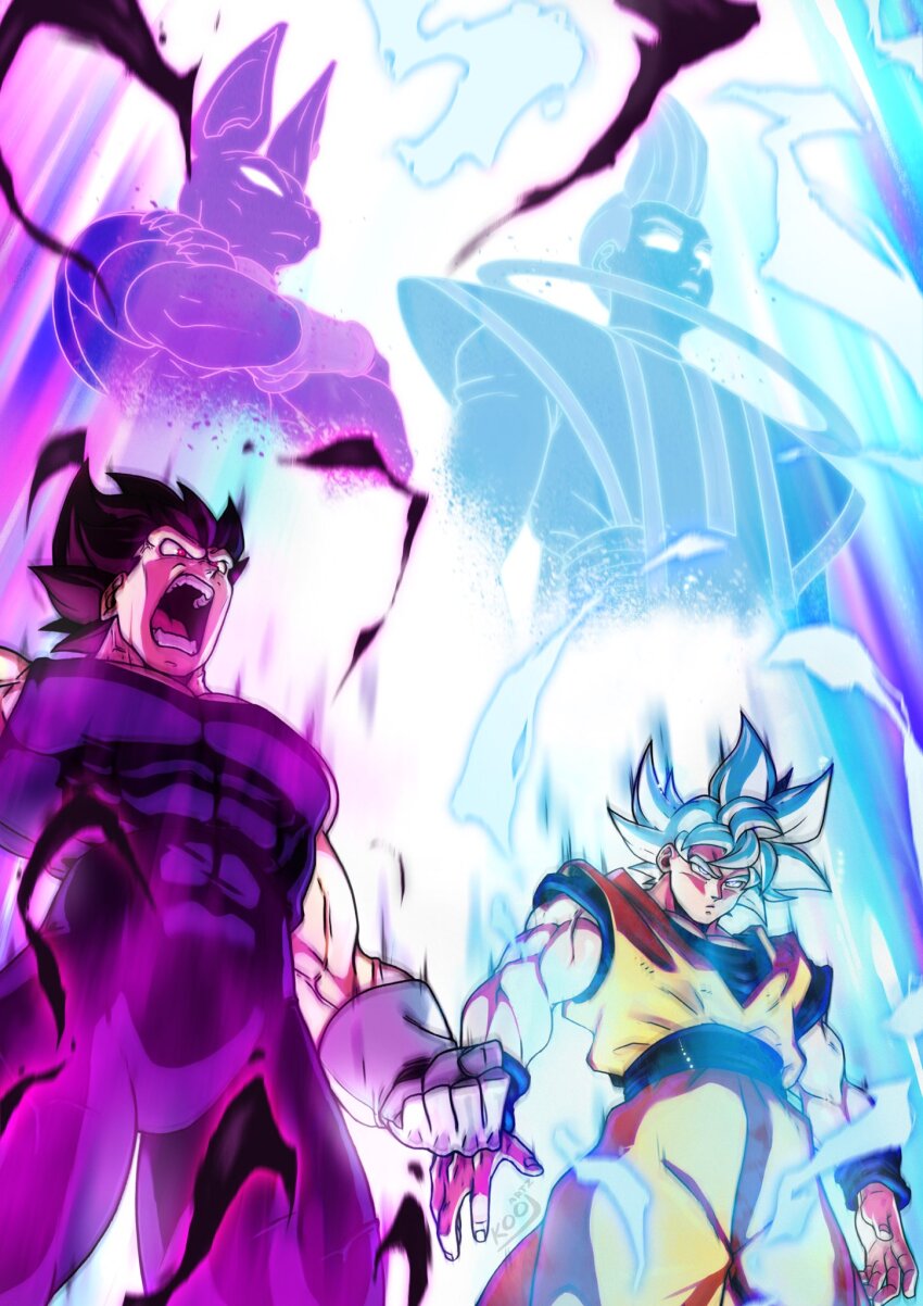 2boys aura beerus covered_abs derivative_work dougi dragon_ball dragon_ball_super gloves highres kooj_artz male_focus comic_panel_redraw multiple_boys no_eyebrows open_mouth purple_hair sash son_goku spiked_hair ultra_ego_(dragon_ball) ultra_instinct vegeta whis white_gloves white_hair wristband