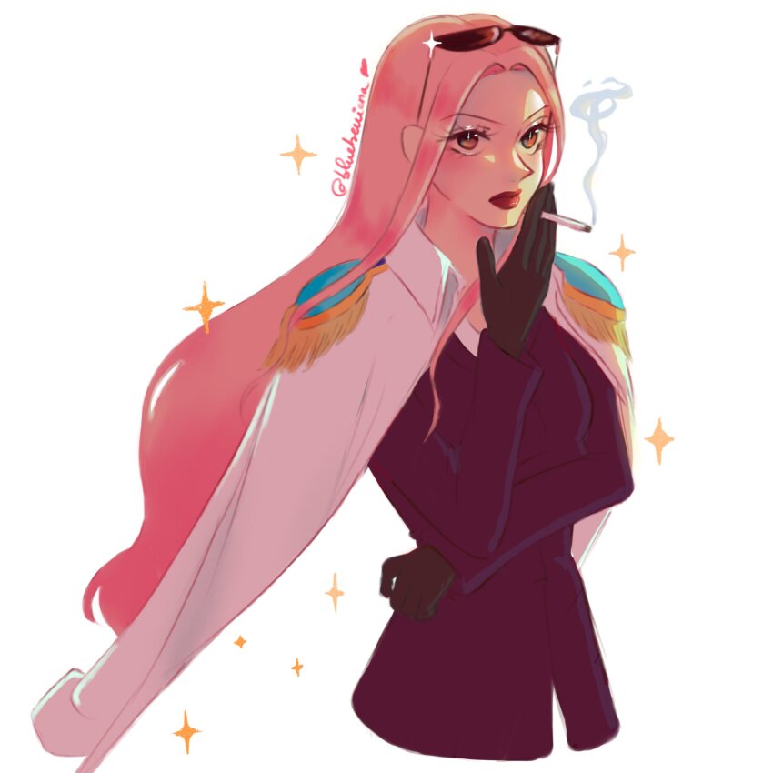 1girl black_gloves blueberriena cigarette closed_mouth coat coat_on_shoulders collared_coat commentary english_commentary epaulettes eyelashes eyewear_on_head formal_clothes gloves heart highres hina_(one_piece) holding holding_cigarette long_hair looking_ahead one_piece pink_hair red_lips solo sparkle suit twitter_username upper_body white_coat
