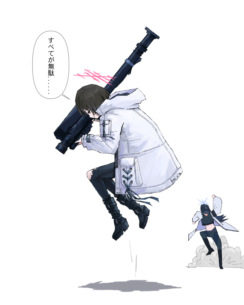 2girls absurdres aiming arm_up artist_name baseball_cap black_footwear black_hair black_hat black_pants black_shirt blue_archive blue_halo boots brown_eyes coat crop_top dust_cloud fim-92_stinger halo hat highres holding holding_rocket_launcher holding_weapon hood hood_down hooded_coat jumping kai_xin long_hair long_sleeves misaki_(blue_archive) multiple_girls open_clothes open_coat open_mouth pants pink_halo pocket rocket_jumping rocket_launcher saori_(blue_archive) shirt short_hair simple_background speech_bubble translation_request weapon white_background white_coat