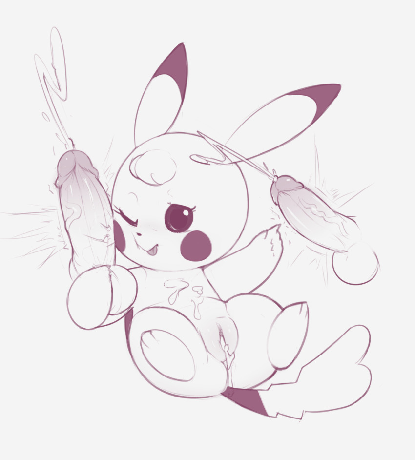 1girl :t aftersex animal_focus animal_sexualization bestiality blush_stickers clitoris closed_mouth cum cum_in_pussy cum_on_body cum_on_stomach cumdrip disembodied_penis ejaculation electricity electrostimulation erection full_body gen_1_pokemon grey_background greyscale happy hetero highres kekitopu legs_up looking_at_viewer lying monochrome nintendo on_back penis penis_on_face pikachu pointing pokemon pokemon_(creature) pussy simple_background sketch smile solo_focus spread_legs testicles tongue tongue_out veins veiny_penis