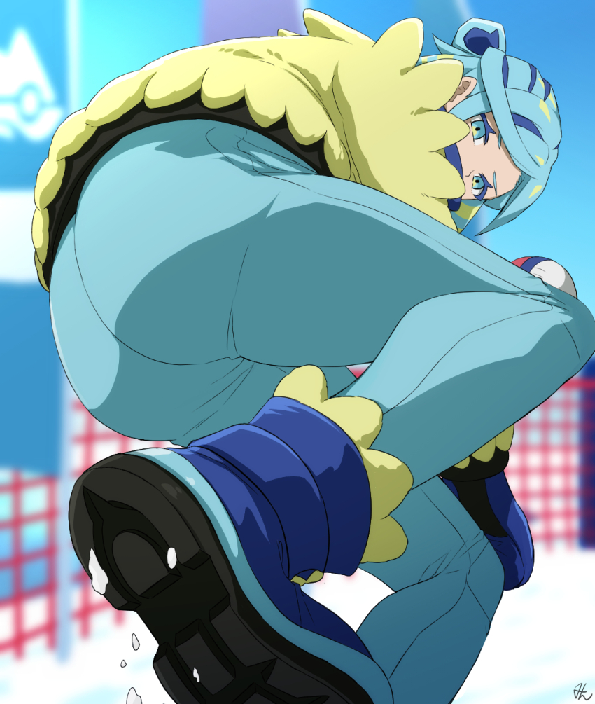 1boy androgynous artist_request ass blue_eyes blue_hair blue_mittens blue_pants blue_scarf covered_mouth grusha_(pokemon) highres looking_at_viewer mittens nintendo nipples pants pokemon pokemon_sv red_scarf ryona scarf solo sweat thighs trap two-tone_scarf wide_hips