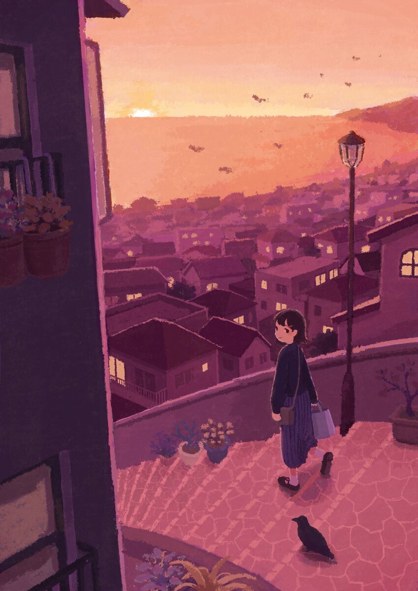 1girl absurdres bag bird black_footwear black_hair blue_skirt building cityscape coma_(ina_co_ma) crow hair_ornament hairclip highres holding holding_bag horizon house lamppost long_skirt long_sleeves looking_at_viewer ocean orange_sky original plant potted_plant rooftop scenery short_hair shoulder_bag skirt sky smile solo stairs sunset walking wide_shot window