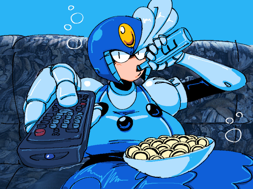 1girl blue_background blue_helmet bottle breasts controller couch helmet highres holding holding_bottle holding_remote_control large_breasts man_watching_tv_(meme) mega_man_(classic) mega_man_(series) mermaid monster_girl photo-referenced remote_control robot_girl sitting solo splash_woman submarinechamomile