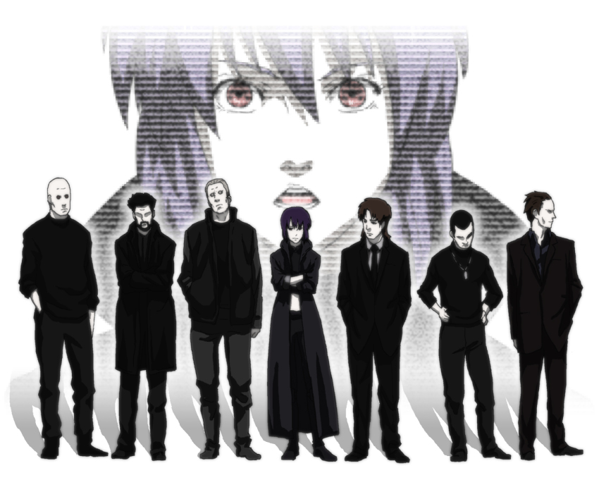 1girl 6+boys bald batou_(gits) black_hair black_shirt boma_(gits) brown_hair coat crossed_arms everyone formal_clothes ghost_in_the_shell ghost_in_the_shell_lineup ghost_in_the_shell:_stand_alone_complex grey_hair hand_in_pocket hands_in_pockets hands_on_own_hips hat head_tilt ishikawa_(gits) jacket jewelry kusanagi_motoko lineup looking_away looking_down multiple_boys necklace necktie no_eyes open_mouth paz_(gits) purple_hair red_eyes saito saitou_(gits) shadow shirt short_hair sjw_kazuya standing suit sweater togusa_(gits)