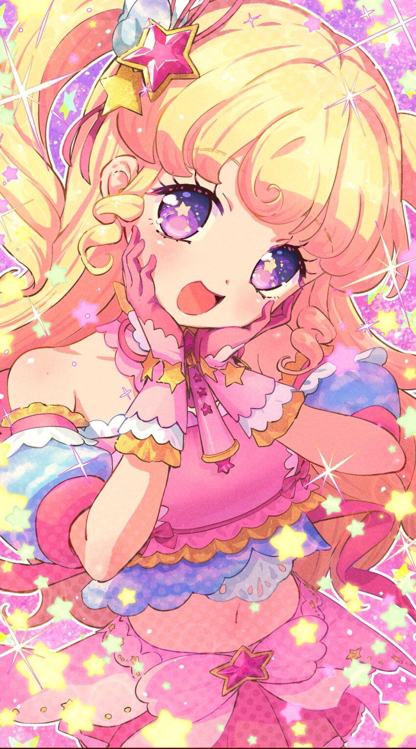 1girl :d bare_shoulders blonde_hair blush commentary cowboy_shot cropped_shirt curly_hair curly_sidelocks detached_sleeves dot_nose gloves hair_ornament hands_on_own_cheeks hands_on_own_face hands_up happy highres idol idol_clothes idol_time_pripara looking_at_viewer midriff navel no_pupils open_mouth outline pink_gloves pink_shirt pink_skirt pretty_series pripara purple_eyes shirt short_sleeves skirt sleeveless sleeveless_shirt smile solo sparkle star_(symbol) star_hair_ornament star_in_eye straight_hair symbol-only_commentary symbol_in_eye twintails wanowanoji67 white_outline yumekawa_yui