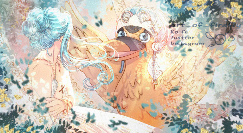 1girl animal art-of-firefly back bird blue_hair bracelet commentary cross dress duck earrings goggles goggles_on_headwear hair_bun hat highres instagram_username jewelry karoo_(one_piece) ko-fi_username light_blue_hair looking_at_another nefertari_vivi one_piece sidelocks twitter_username white_dress