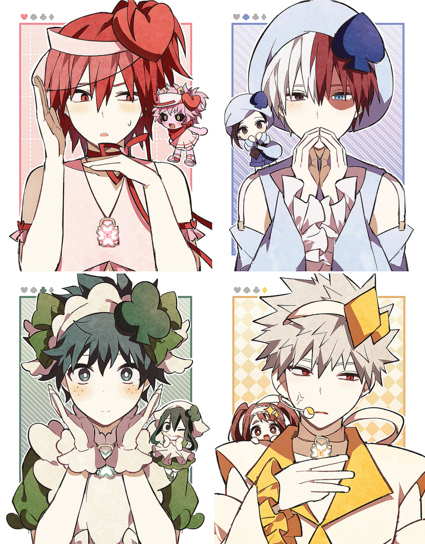 4boys 4girls amulet_clover amulet_dia amulet_heart amulet_spade anger_vein antennae ashido_mina asui_tsuyu bakugou_katsuki black_hair black_sclera blonde_hair blue_eyes blue_hat blue_shorts blush boku_no_hero_academia border brown_hair chibi chibi_inset choker club_hair_ornament coi_mha colored_sclera colored_skin diamond_hair_ornament dress flower_choker gloves green_hair grey_eyes hair_between_eyes hair_ornament hairband hand_on_own_chest hands_on_own_cheeks hands_on_own_face hat headset heart heart_hair_ornament heterochromia highres jacket kirishima_eijiro long_hair maid_headdress midoriya_izuku multicolored_hair multiple_boys multiple_girls neck_ribbon on_shoulder one_eye_closed open_mouth own_hands_together parted_lips pink_dress pink_hair pink_skin playing_card_theme red_eyes red_hair red_ribbon ribbon ribbon_choker scar scar_across_eye scar_on_face short_hair shorts shugo_chara! side_ponytail smile spade_hair_ornament spiked_hair sweatdrop swept_bangs todoroki_shoto twintails two-tone_hair upper_body uraraka_ochako visor_cap white_border white_gloves white_hair white_hairband white_jacket yaoyorozu_momo yellow_eyes