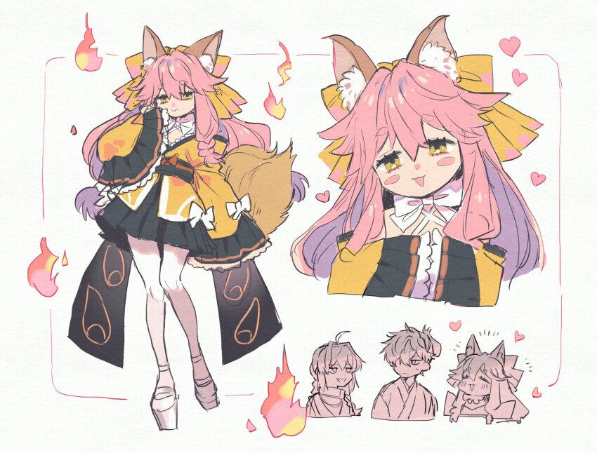 1boy 1girl 1other ahoge androgynous animal_ear_fluff animal_ears blush_stickers bow braid braided_sidelock criss-cross_halter fate/samurai_remnant fate_(series) fox_ears fox_girl fox_tail hair_intakes hair_over_one_eye halterneck heart high_heels highres hitodama japanese_clothes kimono long_sleeves mary_janes miyamoto_iori_(fate) pantyhose pink_hair shoes short_eyebrows short_kimono sidelocks single_braid sleeves_past_fingers sleeves_past_wrists smile smug sweat tail tamamo_(fate) tamamo_aria_(fate) topknot wani_(mezo) white_bow white_footwear white_pantyhose yamato_takeru_(fate) yellow_bow yellow_eyes yellow_kimono